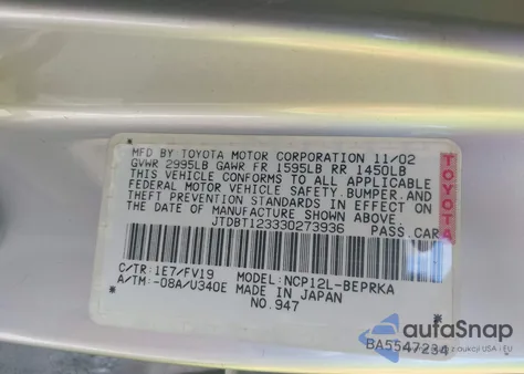 2003 Toyota Echo из США, поврежденный, VIN JTDBT123330273936